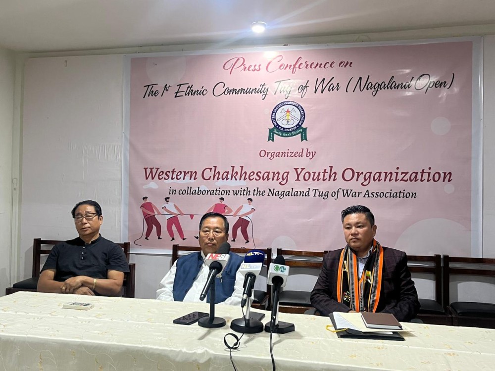 (Left to right) L Temjenmeren Jamir, Treasurer of NTWA, Dr Er Vekho Swüro, NTWA President and President of WCYO Wekupe Therie during the press conference at Hotel Saramati, Dimapur on November 29. (Morung Photo)